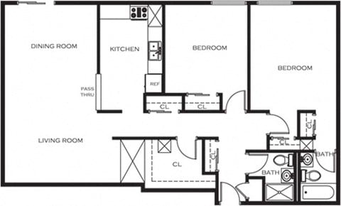 Floor plan for 2 beds, 2 baths, 1200 sqft
